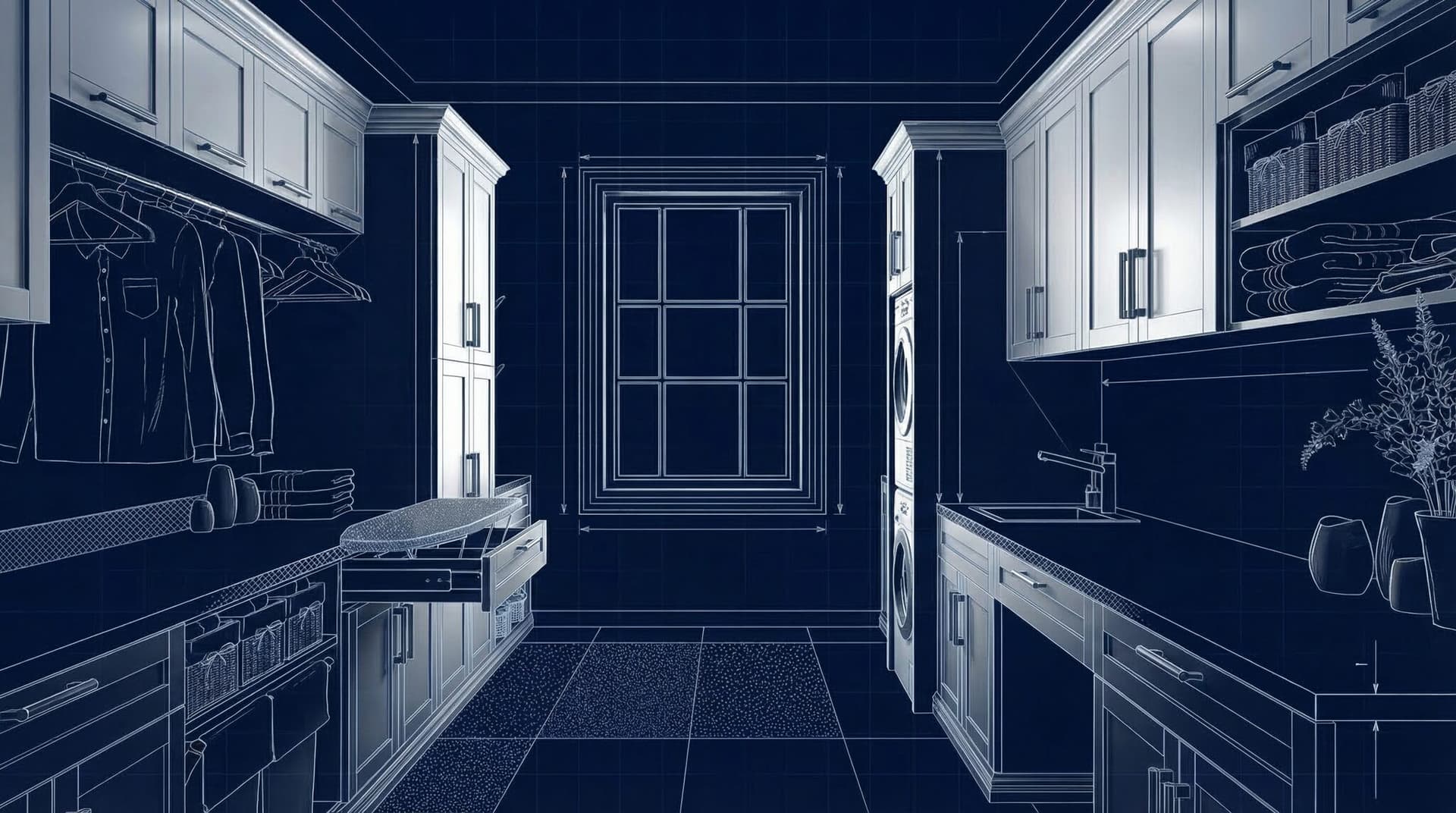 3D design render of laundry room with ironing station