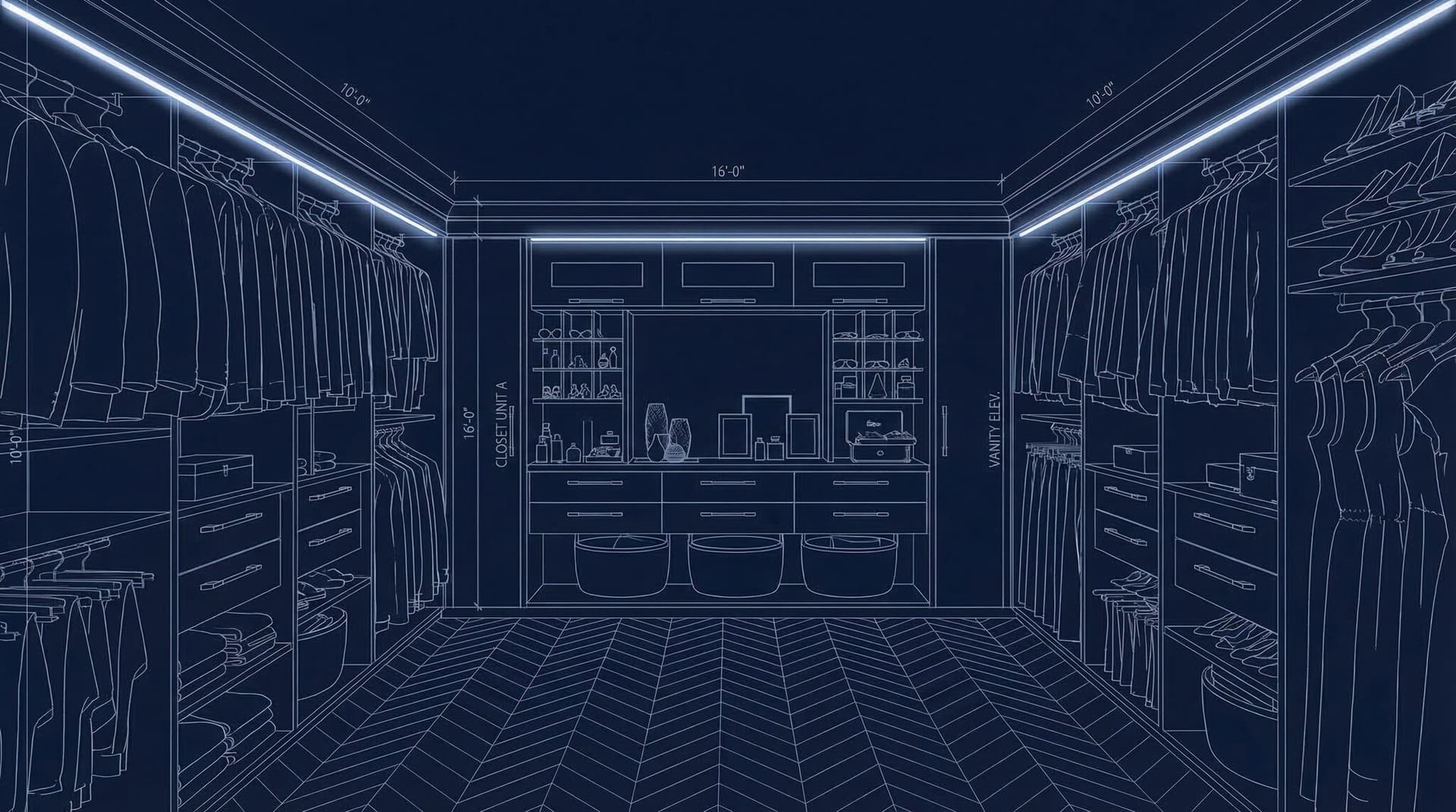 3D design render of his-and-hers walk-in closet