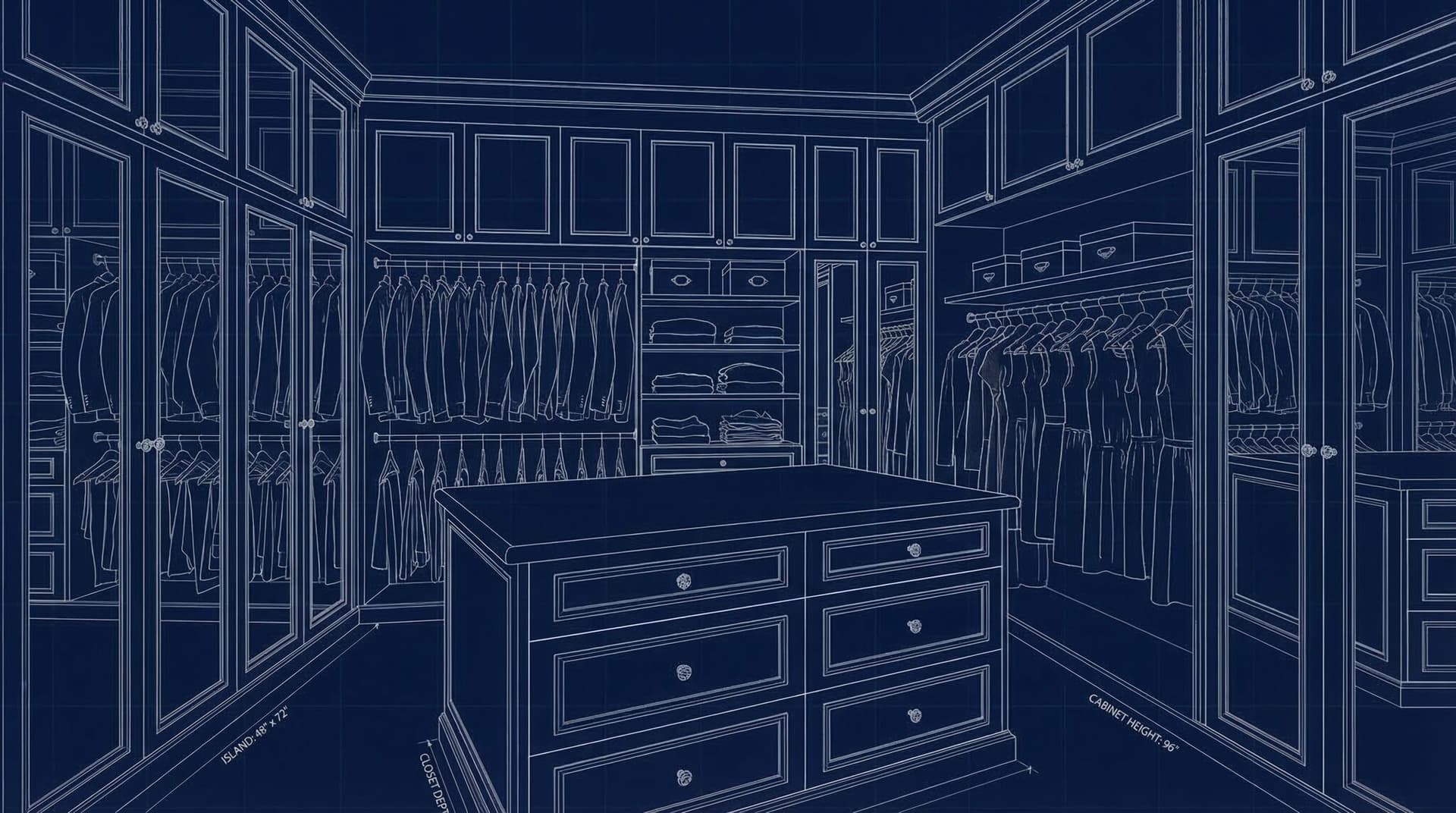 3D design render of walk-in closet with island and chandelier