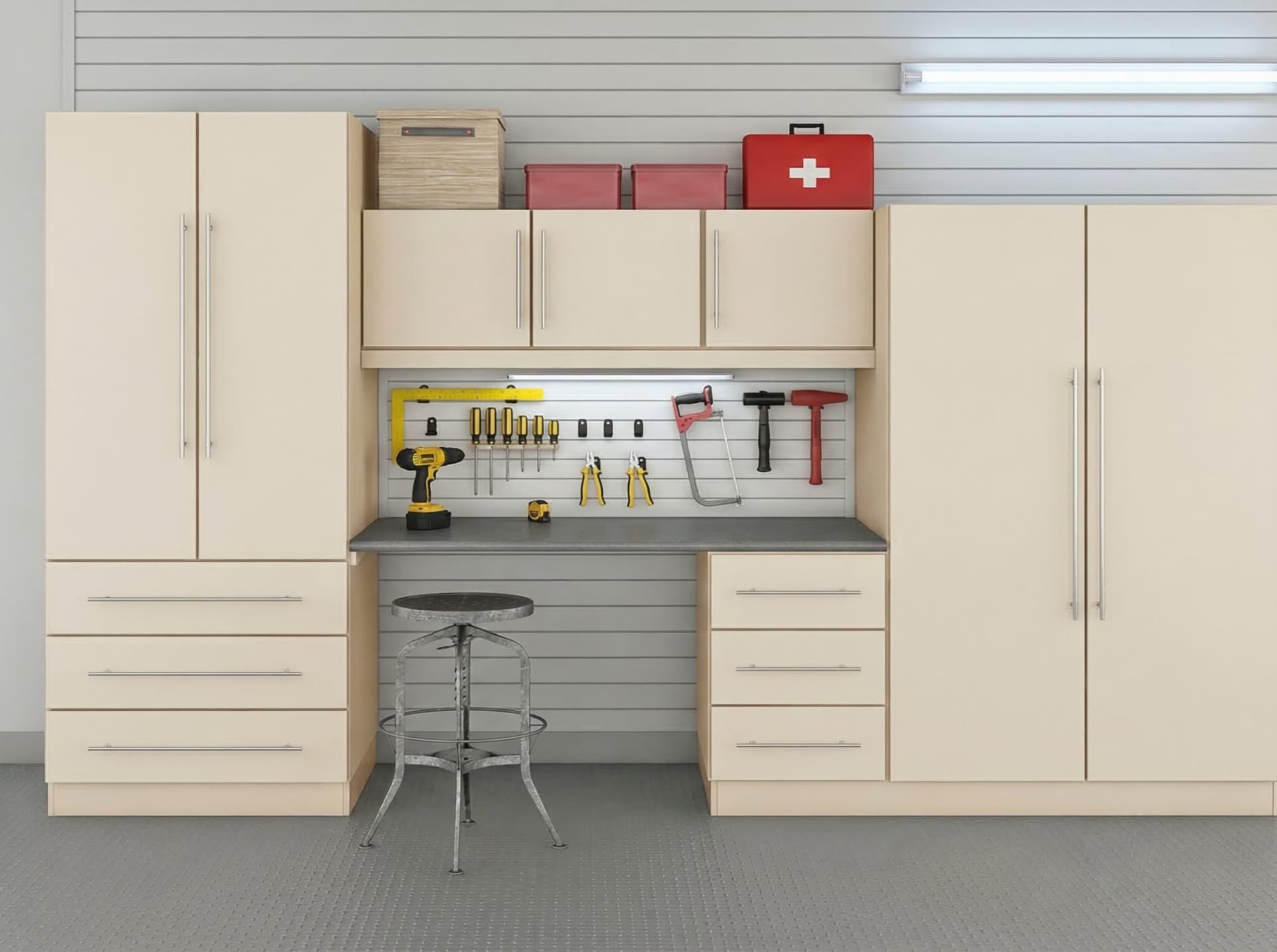 Almond garage workstation detail with organized storage