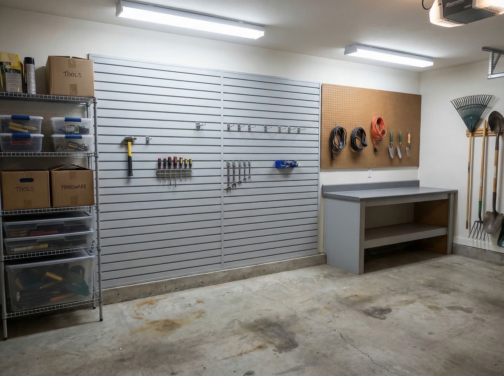 Essential garage with slatwall panels and open wire shelving