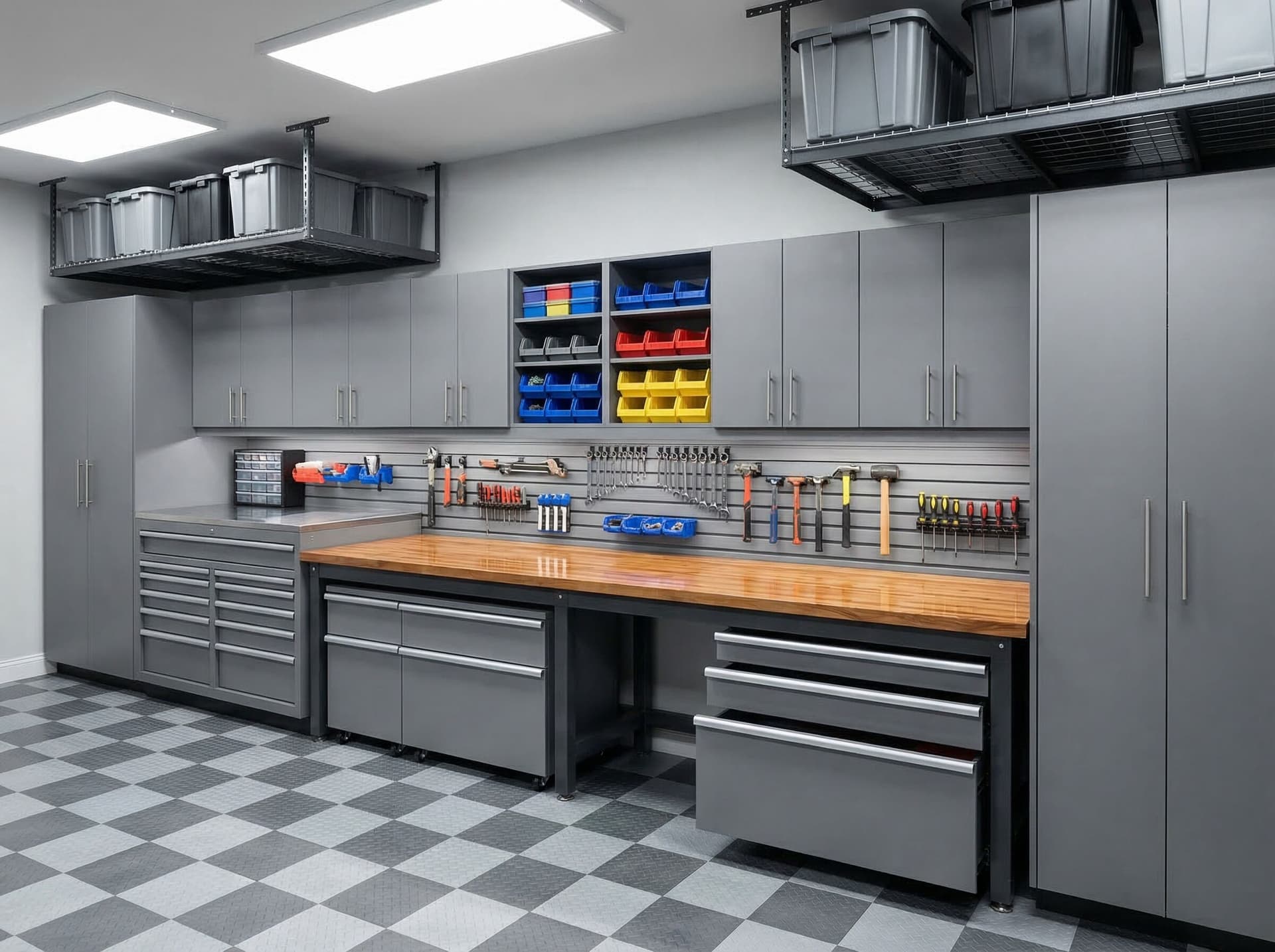Classic grey garage workbench with tool storage