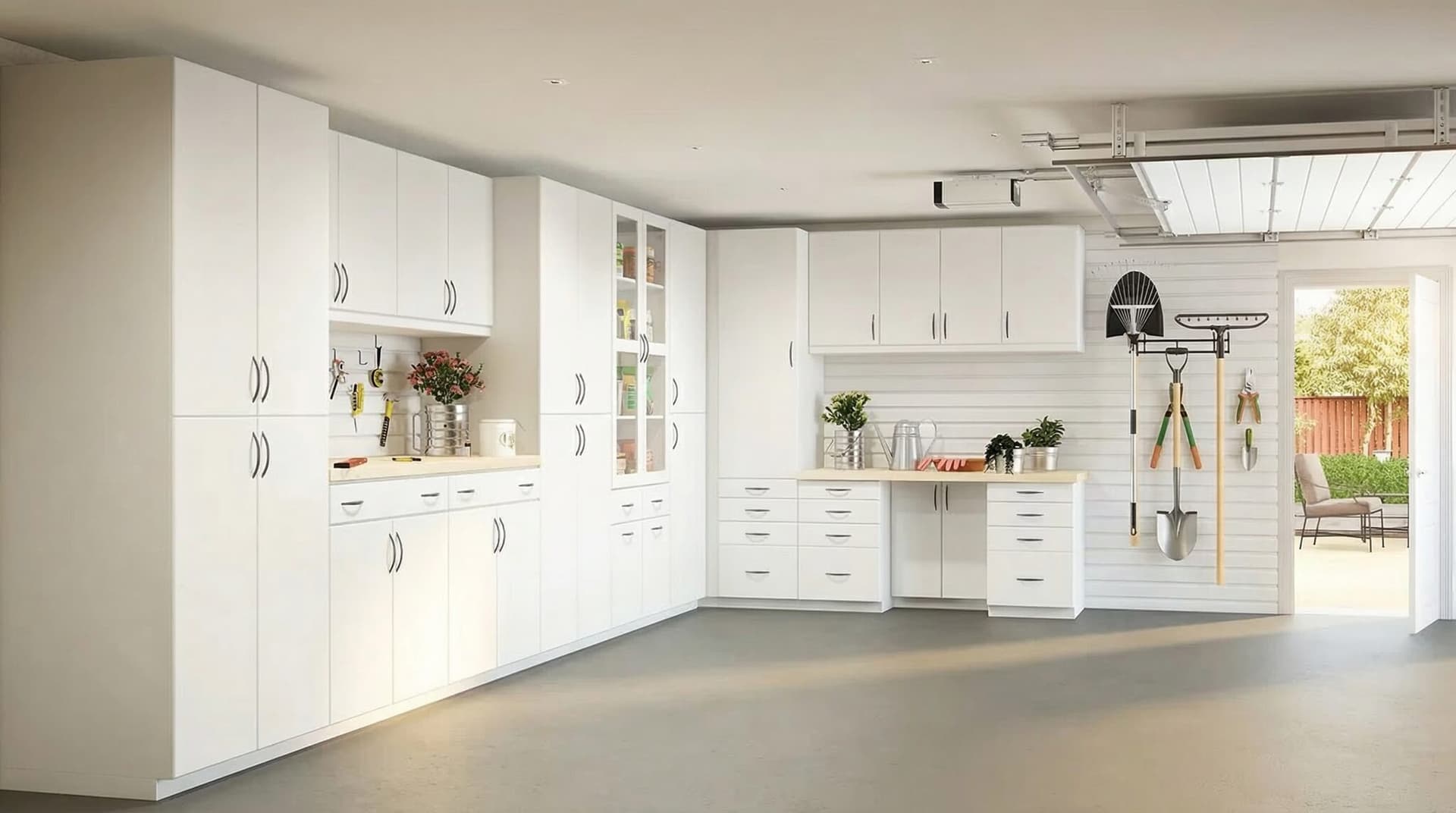 Custom garage storage system with wall storage and workbench