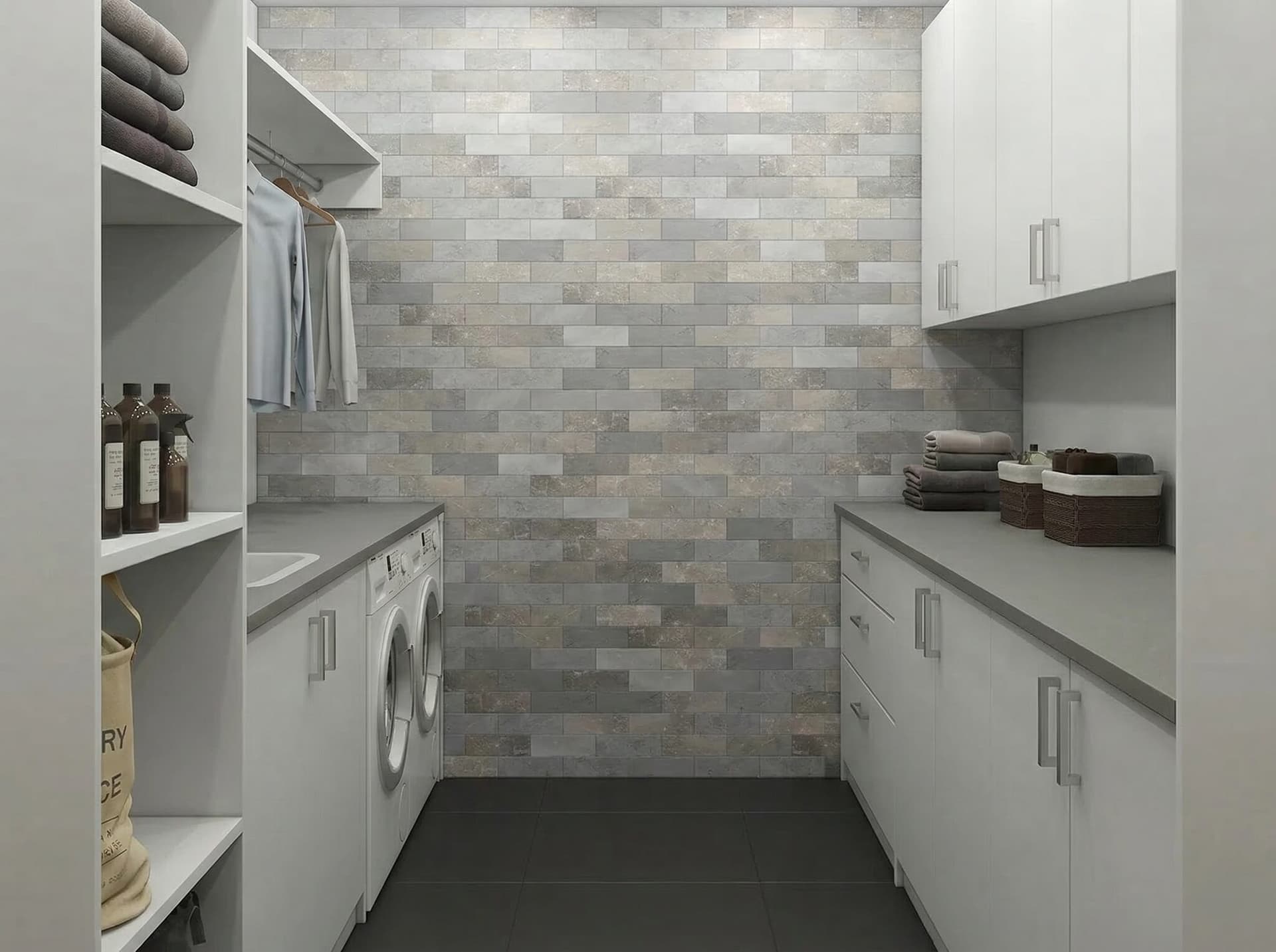 Modern laundry room with stone backsplash