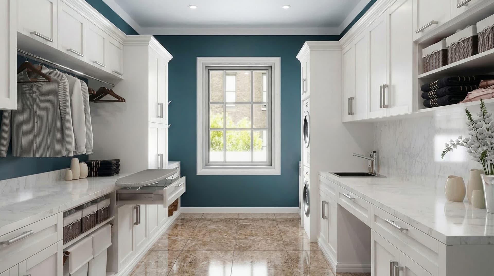 Custom laundry room with built-in cabinets and folding station