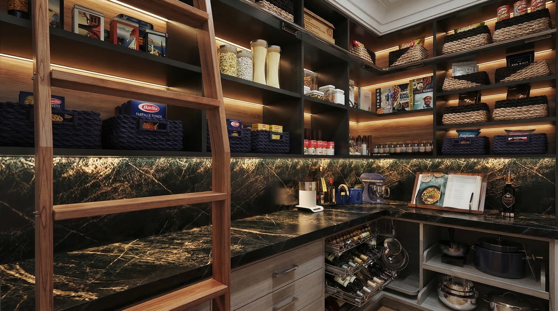 Custom pantry system with rolling ladder