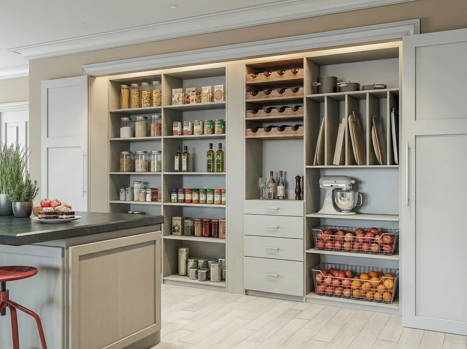 Custom pantry system with pull-out drawers