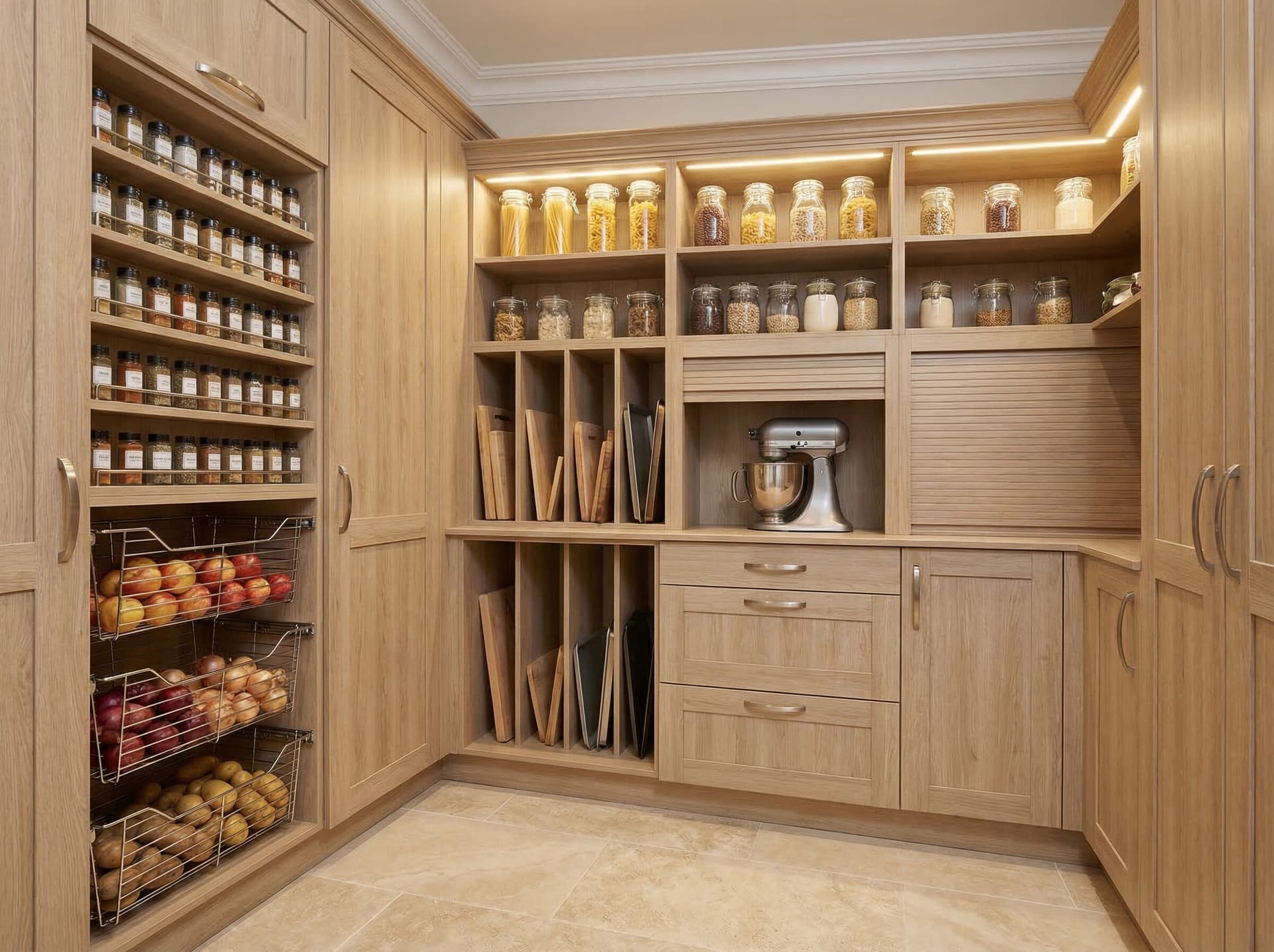 Classic woodgrain pantry with pull-out drawers
