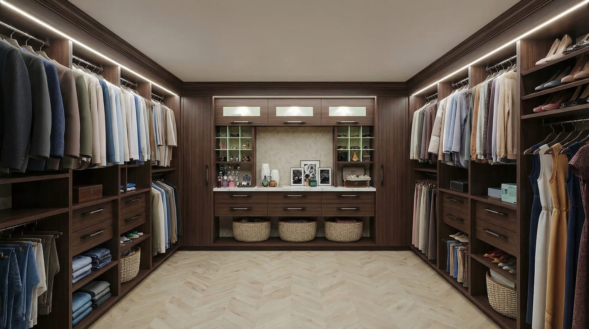 His-and-hers walk-in closet with dark wood finish and LED lighting