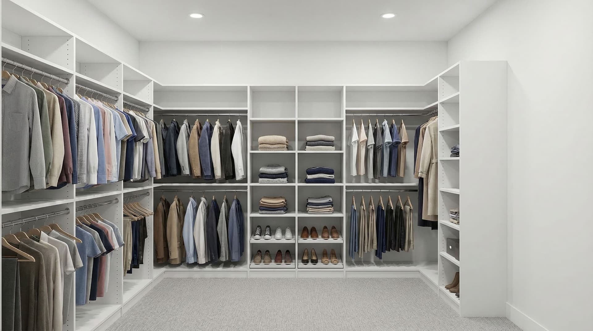 Essential walk-in closet with open white melamine shelving and chrome rods